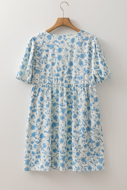 Floral Contrast Bow Puff Sleeve Mini Dress