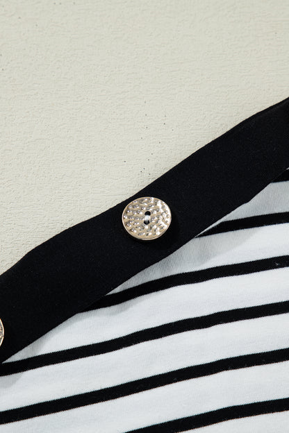 Stripe Buttoned Shoulder Cuffed Short Sleeve Tee