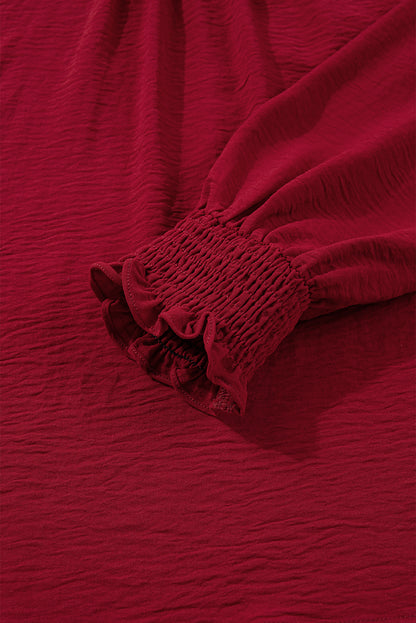 Solid Notched Neck Shirred Cuff Long Sleeve Blouse