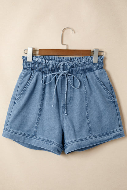 Solid Denim Smocked Elastic Waist Shorts