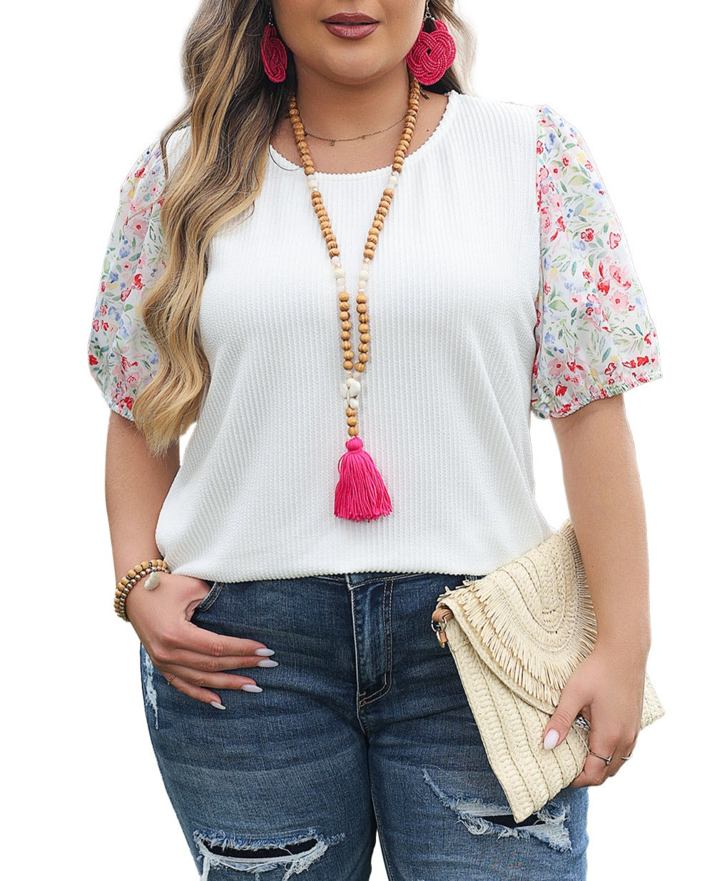 Ribbed Floral Puff Sleeve Blouse Plus Size