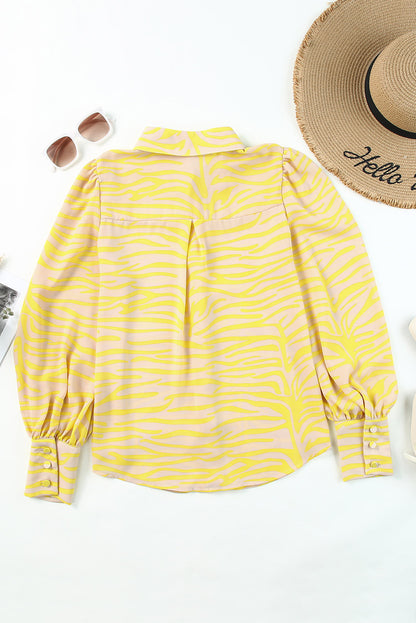 Yellow Zebra Stripes Print Lantern Sleeve Shirt