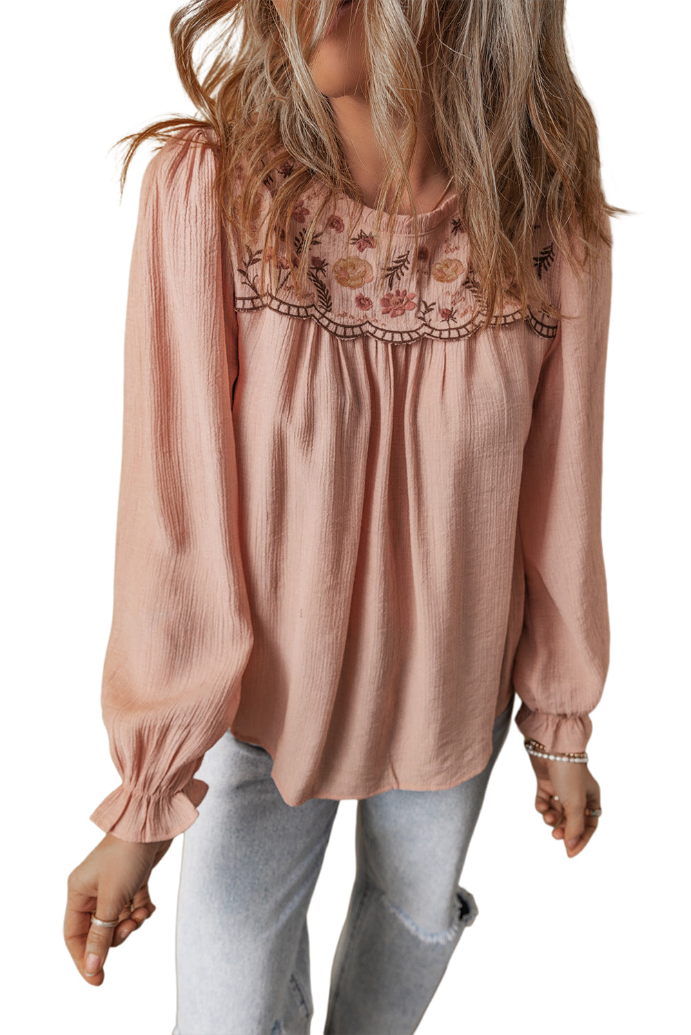 Floral Embroidered Flounce Sleeve Blouse