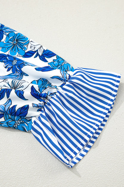 Floral Stripe Patchwork V-Neck Flounce Sleeve Blouse