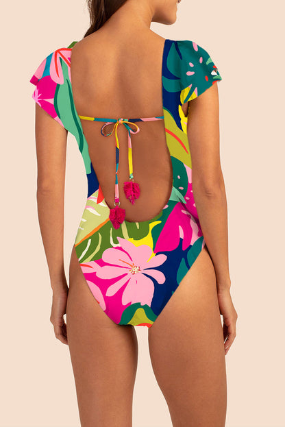 Tropical V-Neck Backless One Piece Swimsuit