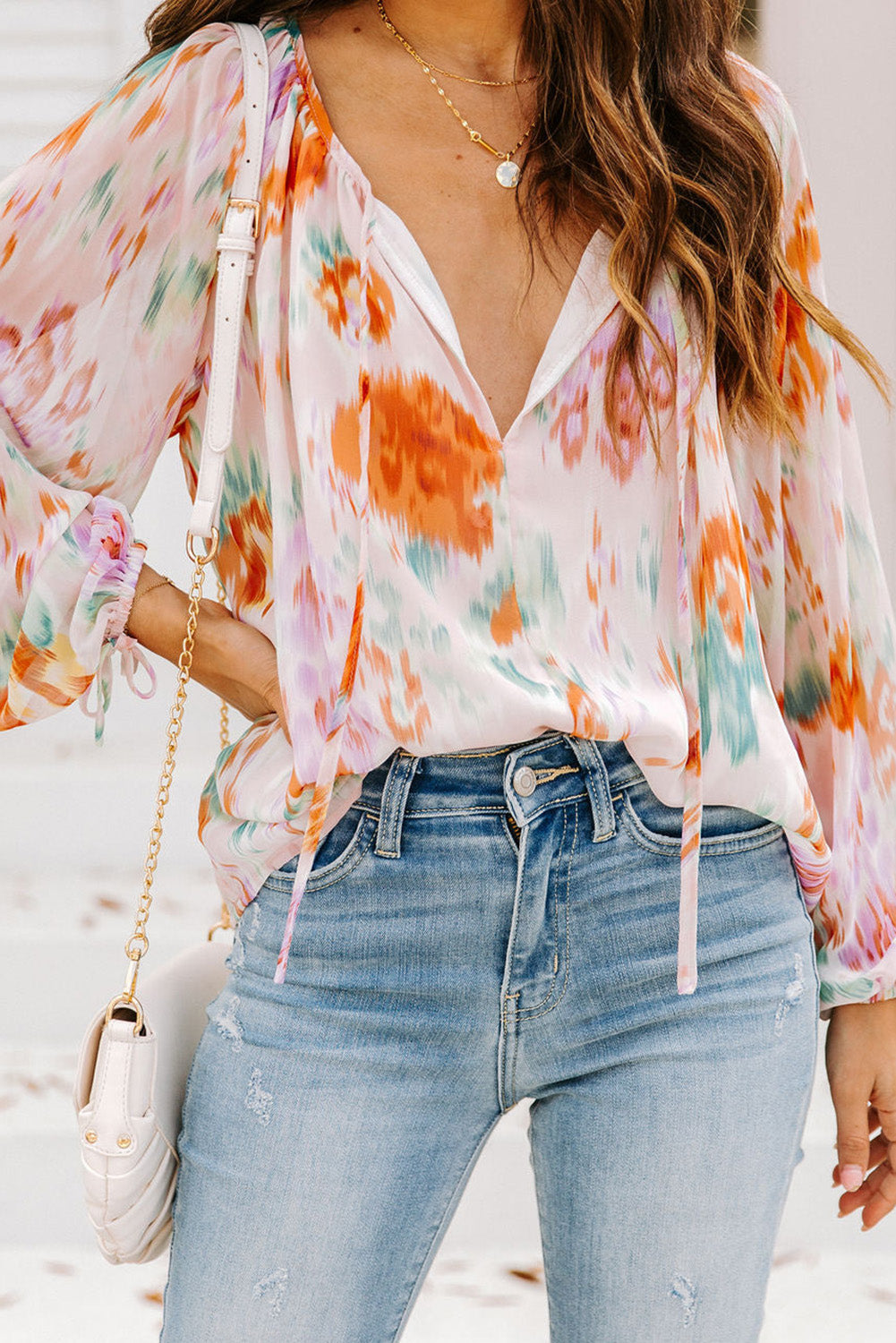 Abstract Floral Puff Sleeve Blouse