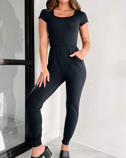 Short Sleeve Pocketed Jogger Jumpsuit