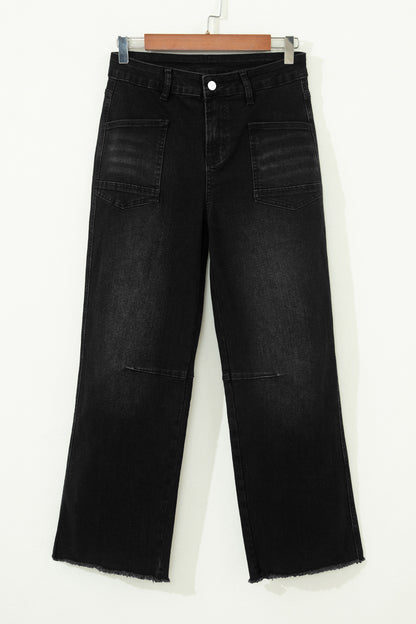 Denim Frayed Hem Cropped Straight Leg Jeans