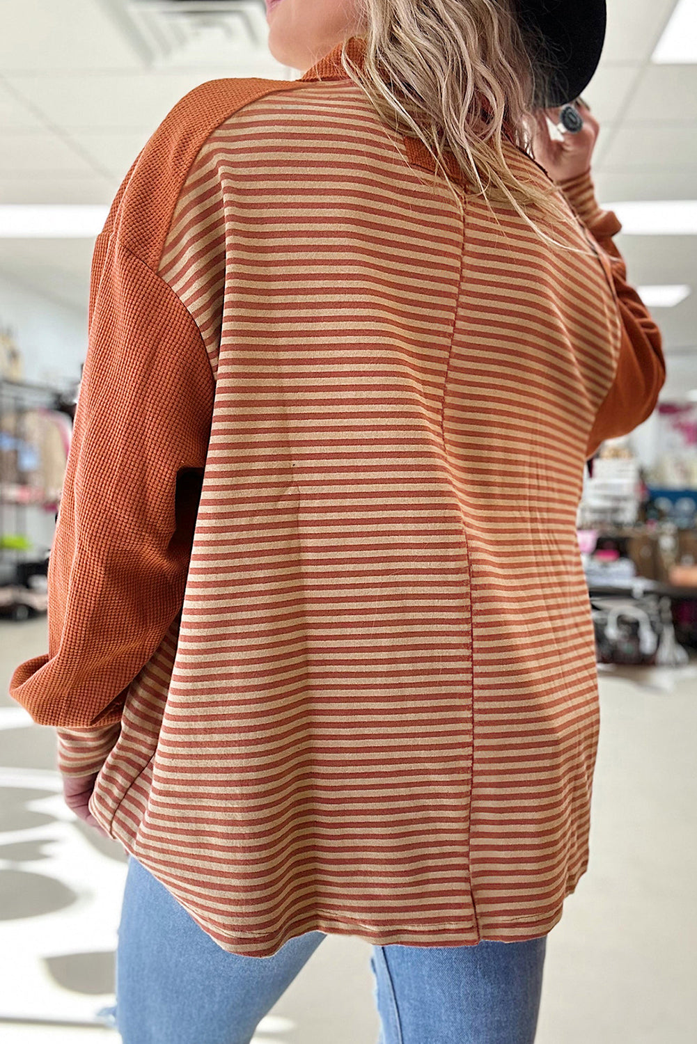 Stripe Texture Buttoned Sweatshirt Plus Size