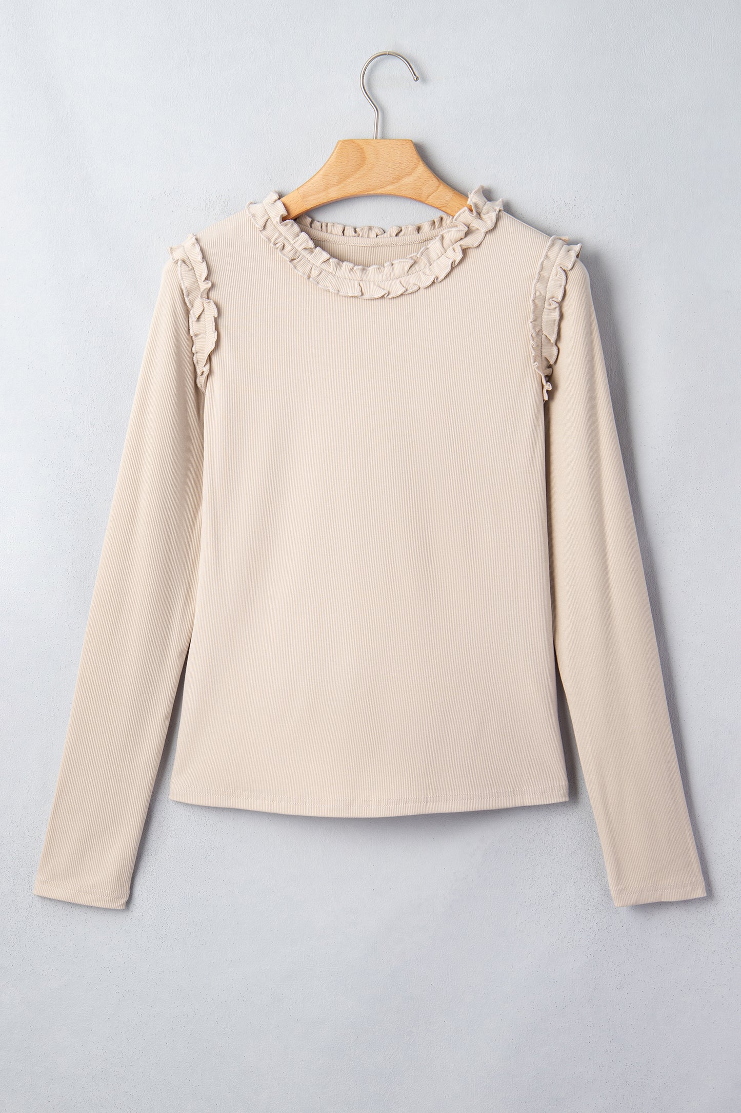 Solid Ribbed Knit Frilled Long Sleeve Top
