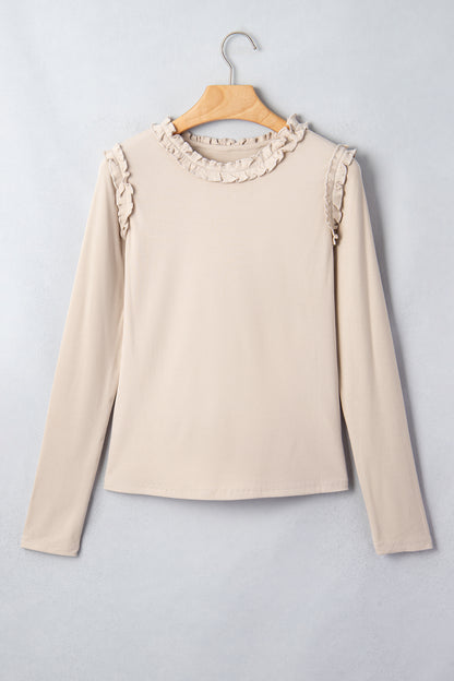 Solid Ribbed Knit Frilled Long Sleeve Top