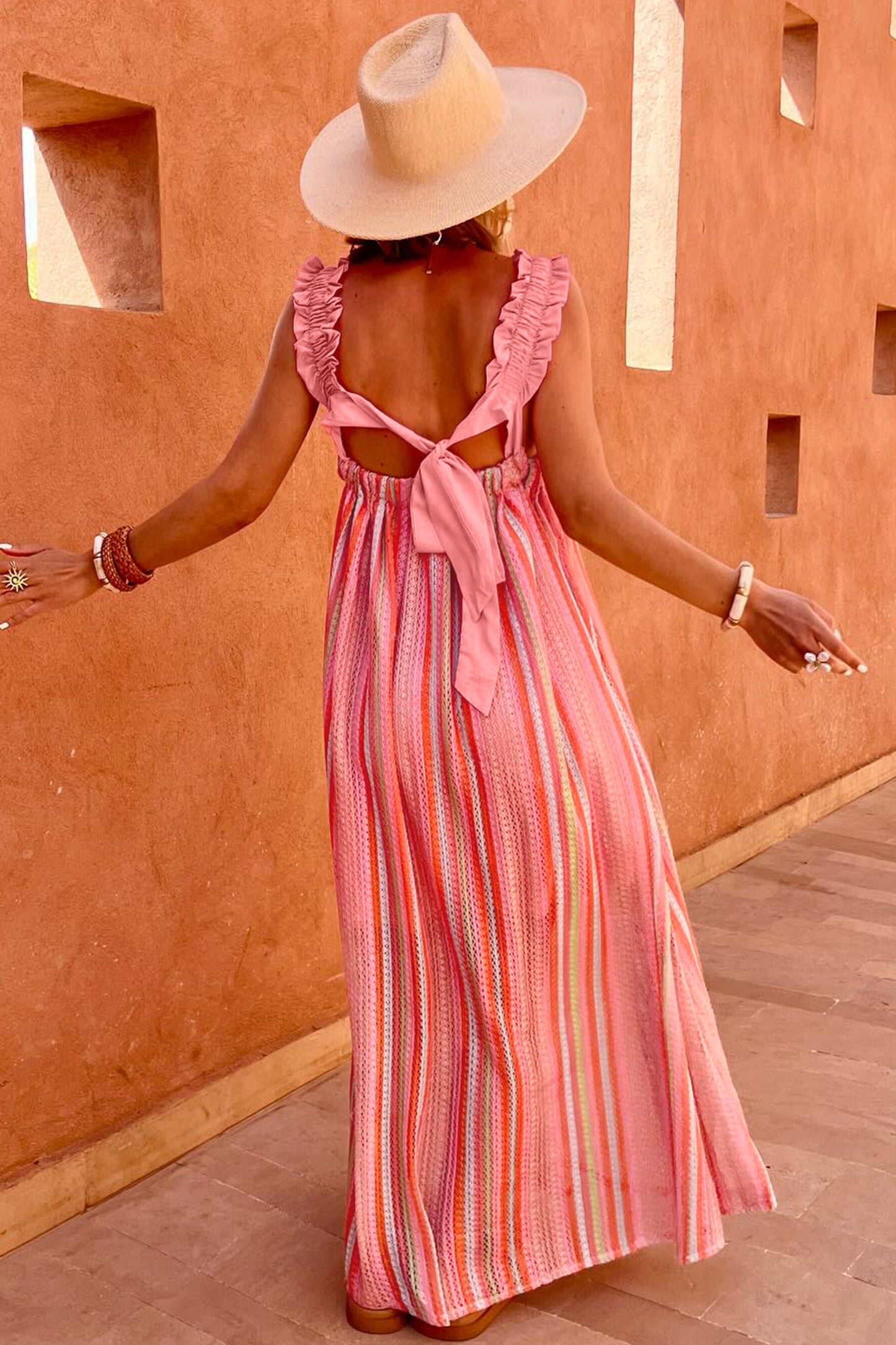 Stripe Textured Knit Ruffle Tie Back Maxi Dress