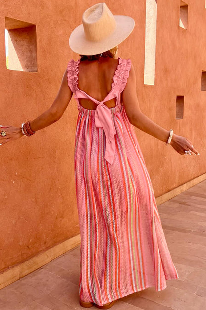 Stripe Textured Knit Ruffle Tie Back Maxi Dress