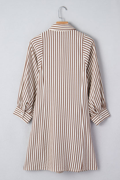 Stripe Tie Waist Puff Sleeve Mini Shirt Dress