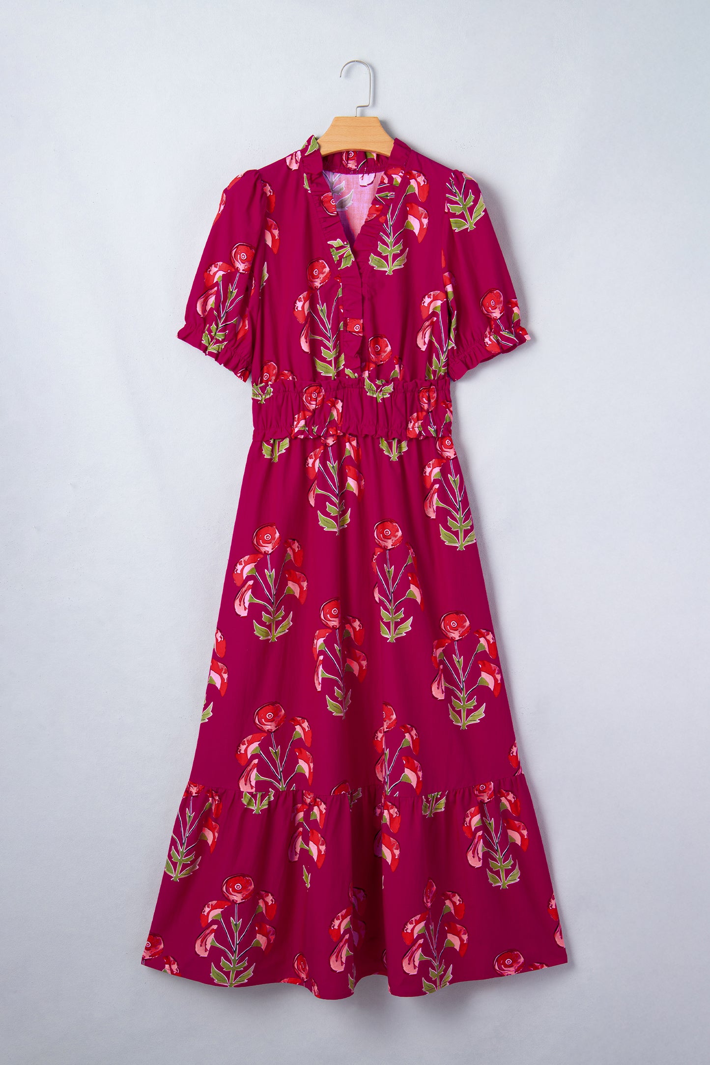 Floral Frilled V-Neck Ruffle Maxi Dress