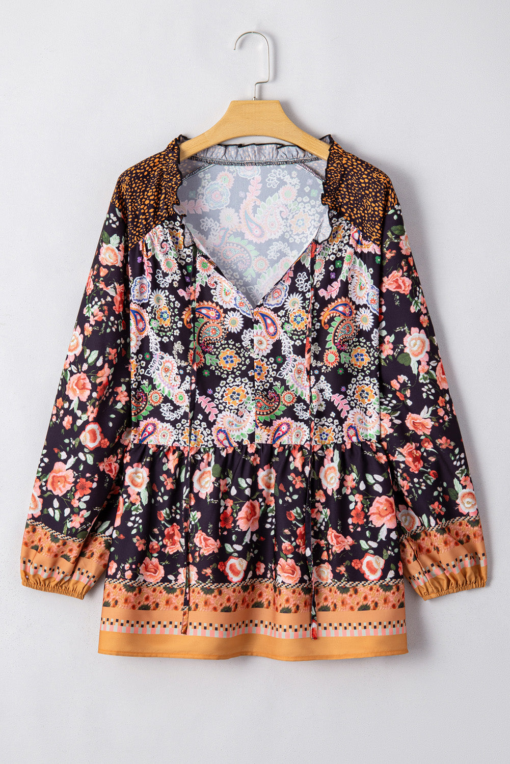 Plus Size Floral V-Neck Bubble Sleeve Blouse