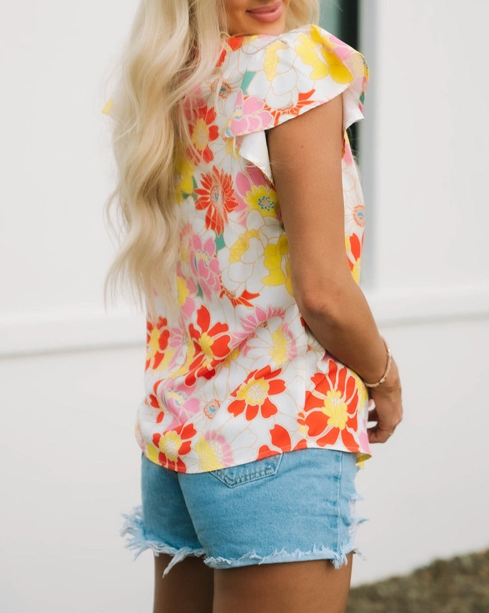 Floral Mock Neck Flutter Sleeves Top