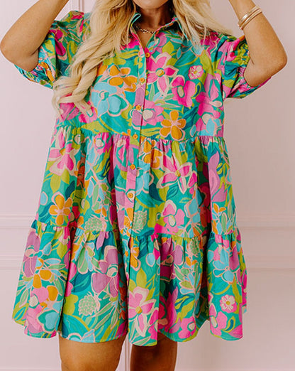 Floral Puff Sleeve Shirt Dress Plus Size