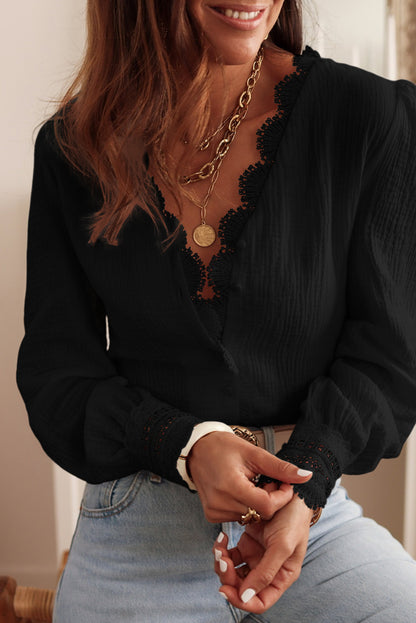 Lace Trim Deep V-Neck Blouse