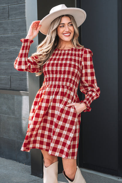 Plaid Smocked Puff Sleeve Mini Dress