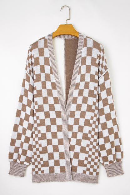 Plus Size Checker Drop Shoulder Open Front Cardigan