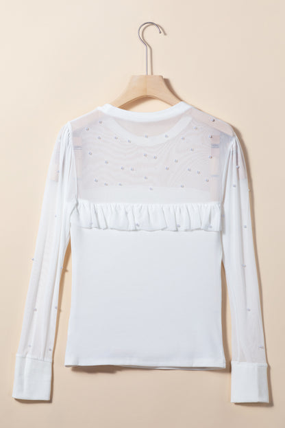 White Pearl Decor Mesh Patchwork Ribbed Long Sleeve Top