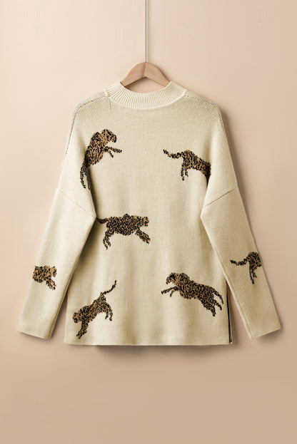 Cheetah Mock Neck Split Hem Sweater