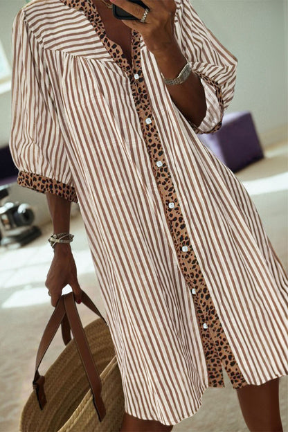 Stripe Leopard Trim 3/4 Sleeve Midi Shirt Dress