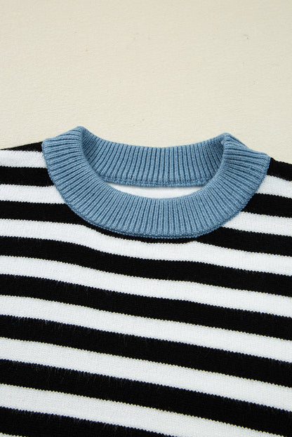 Stripe Colorblock Ribbed Trim Long Sleeve Sweater