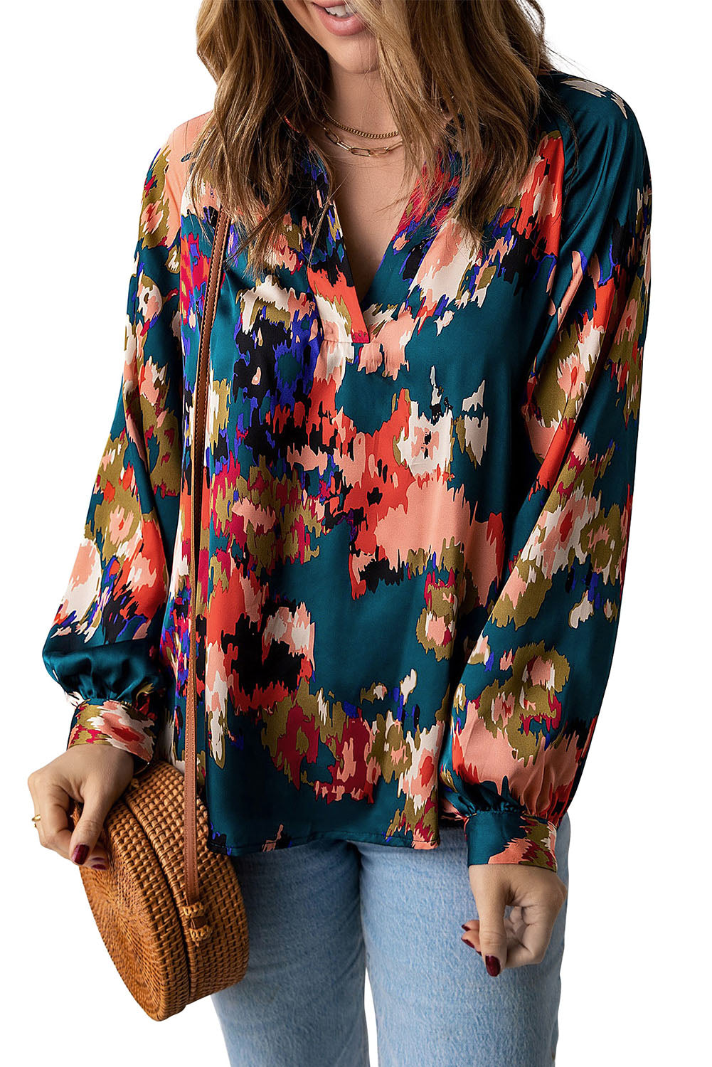 Abstract Floral Puff Sleeve Blouse