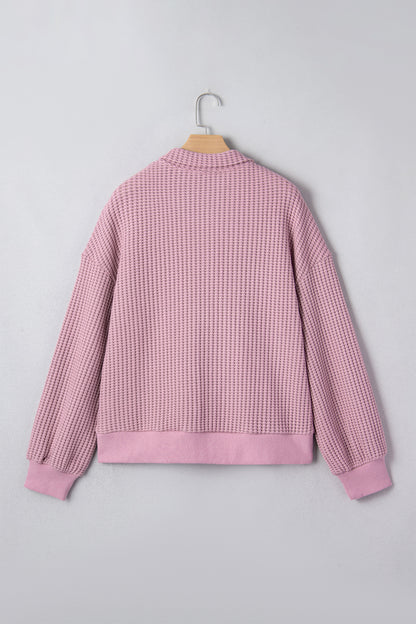 Solid Textured Knit Snap Button Collar Top
