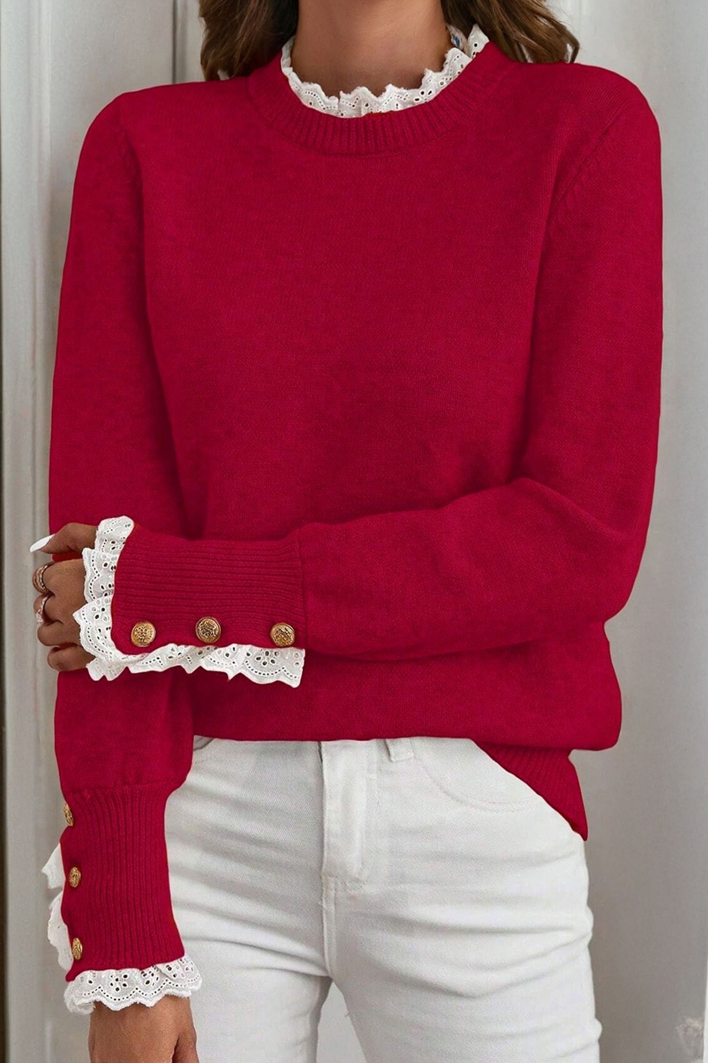 Lace Trim Patchwork Buttoned Cuff Sweater