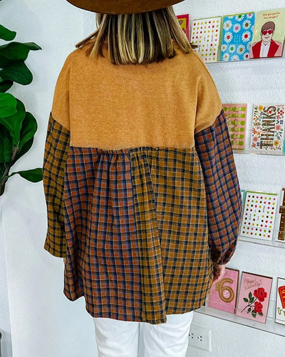 Plaid Colorblock Puff Sleeve Shirt