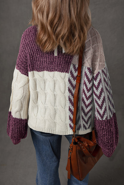 Colorblock Cable Knit Patchwork Tied Back Sweater