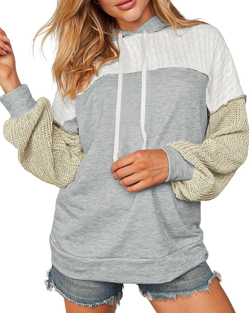 Cable Textured Patchwork Pullover Hoodie