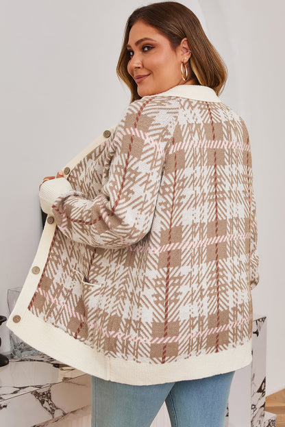 Plus Size Plaid Ribbed Trim Button Front Cardigan