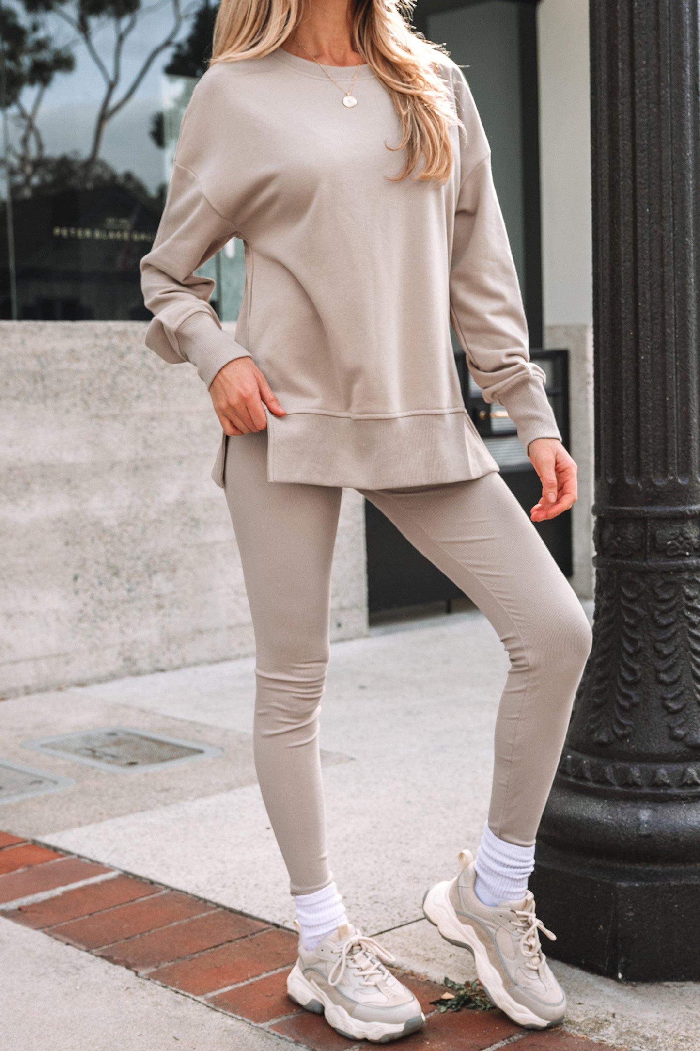 Solid Side Slit Sweatshirt and Leggings Set