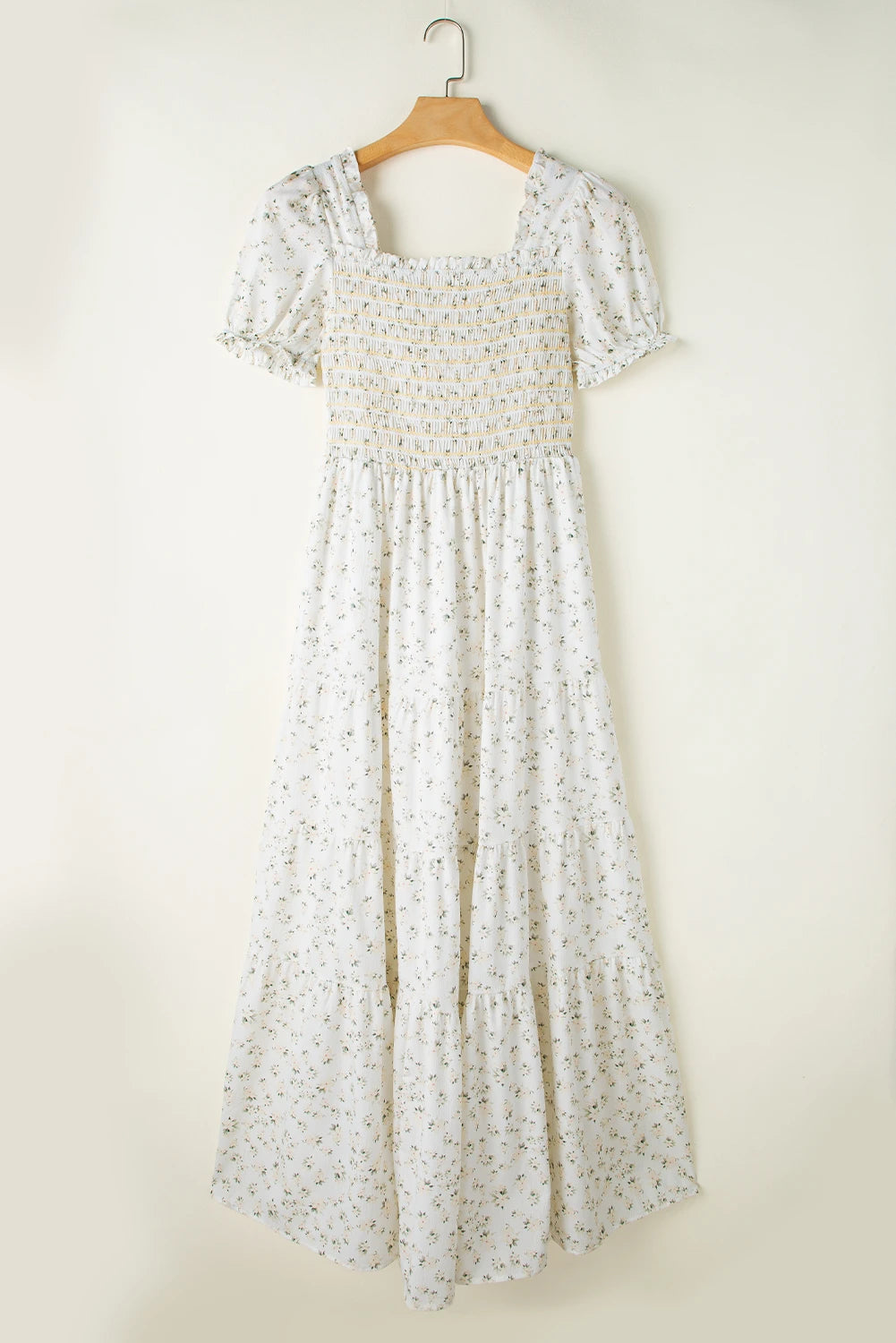 Floral Frilly Shirred Bodice Tiered Maxi Dress