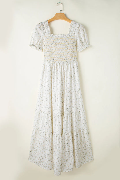 Floral Frilly Shirred Bodice Tiered Maxi Dress
