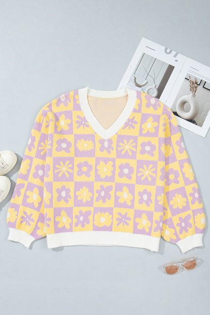Plus Size Floral Checker V-Neck Long Sleeve Sweater