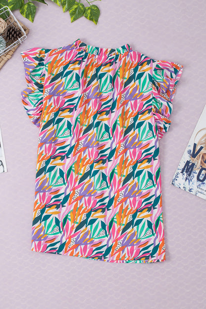 Abstract Floral Ruffle Flutter Sleeve Blouse