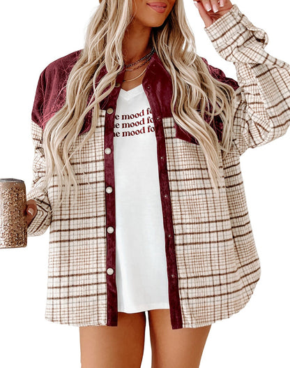 Plaid Corduroy Patchwork Buttoned Shacket