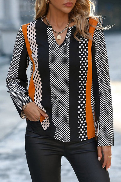 Geometric Colorblock Notched V-Neck Blouse