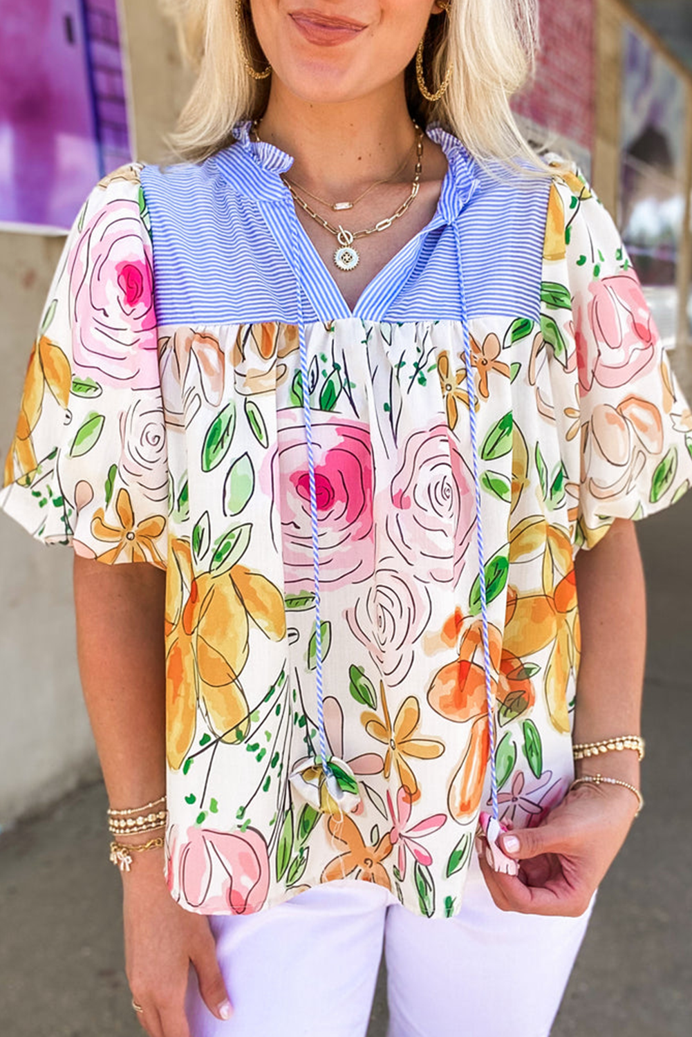 Floral Stripe Puff Sleeve Blouse