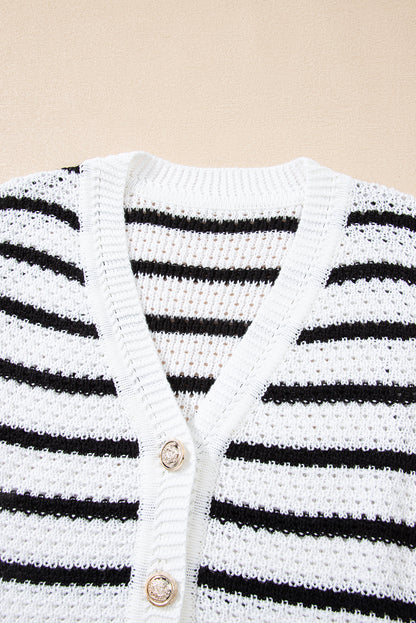 Stripe Buttoned V-Neck Sweater Knit Top