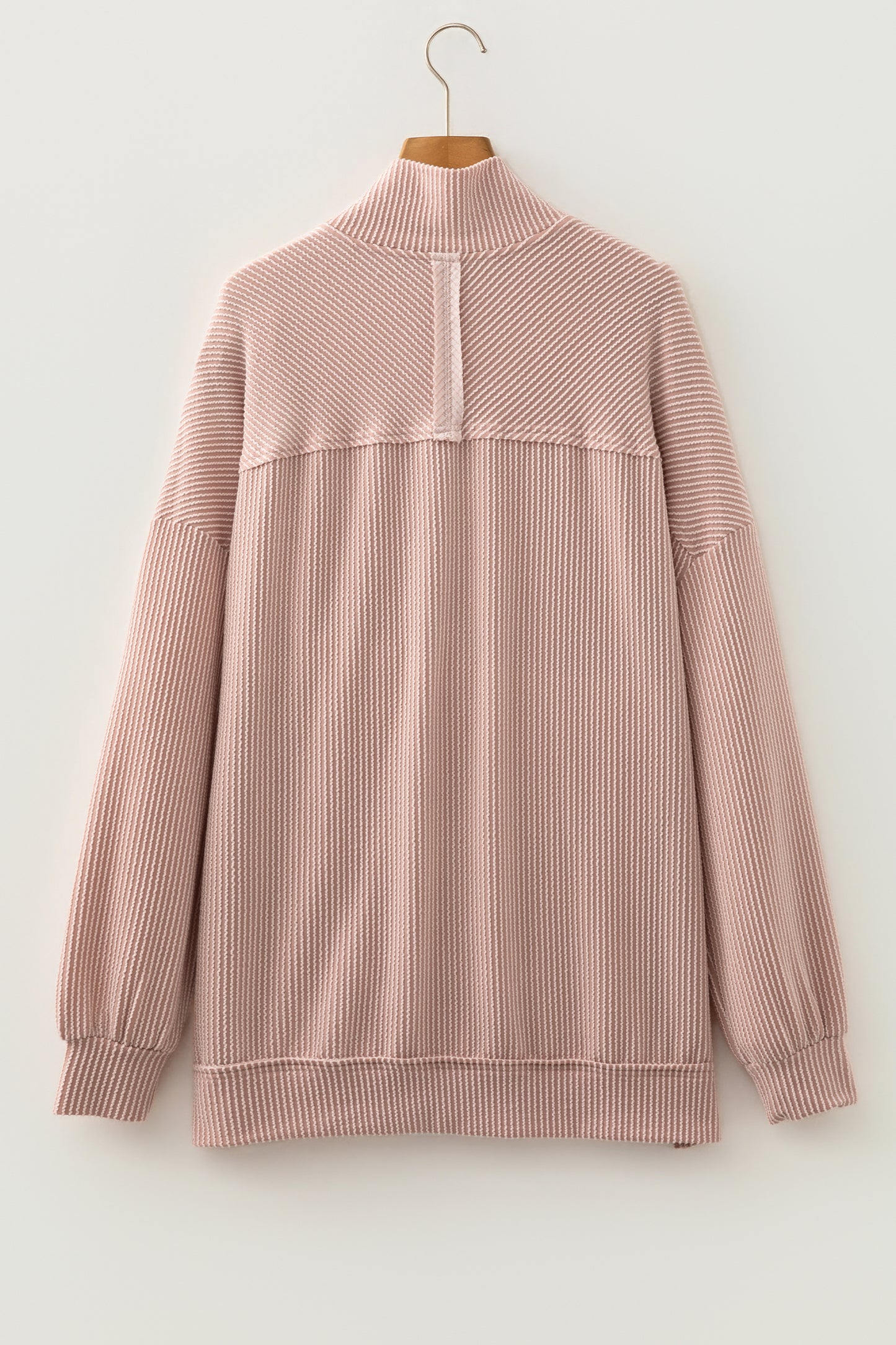 Corded Knit Zipper Collar Drop Shoulder Long Sleeve Top