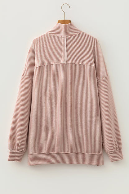 Corded Knit Zipper Collar Drop Shoulder Long Sleeve Top