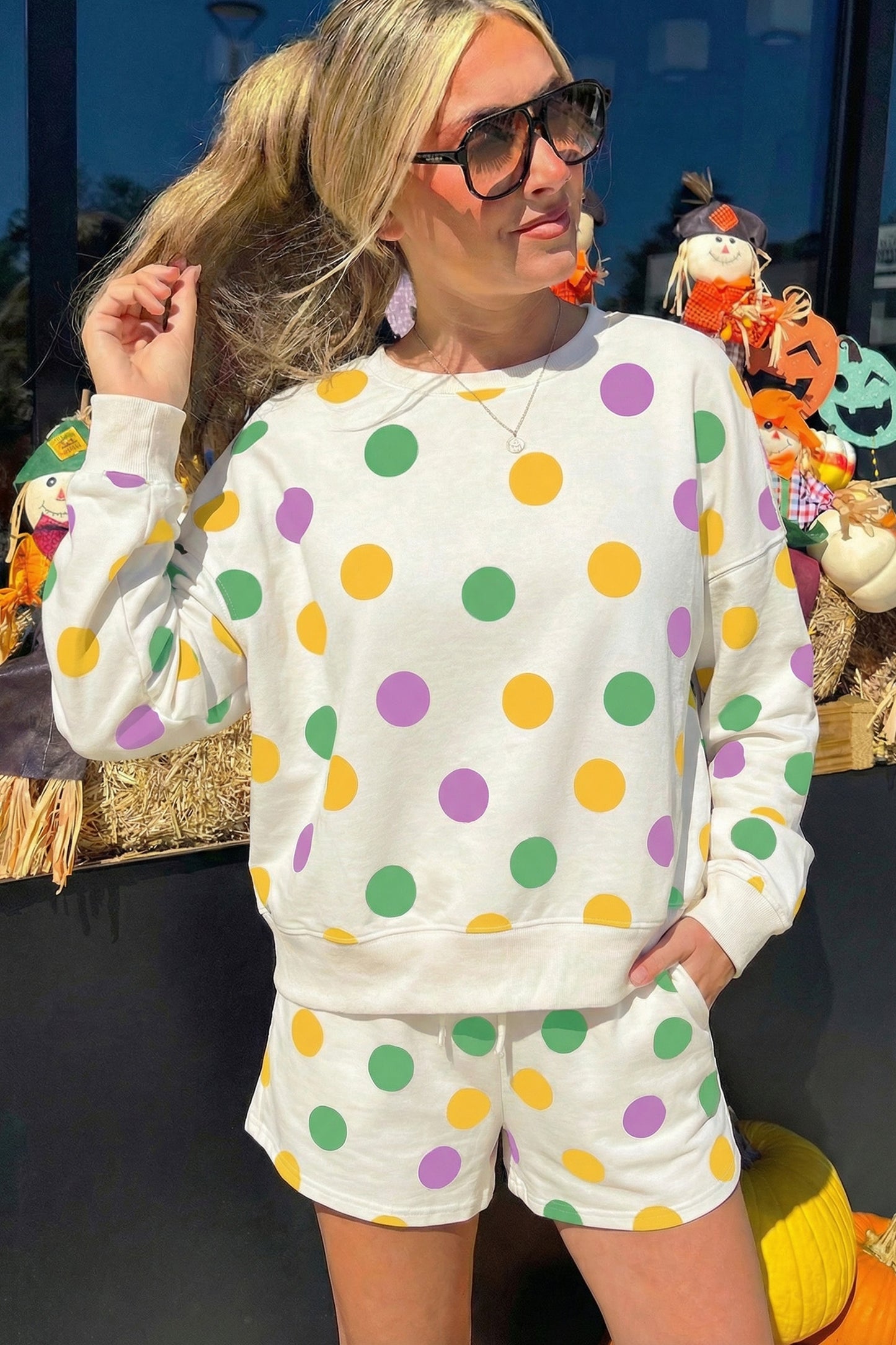 Polka Dot Pullover and Drawstring Shorts Set