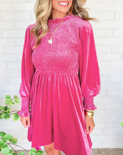 Velvet Smocked Puff Sleeve Dress