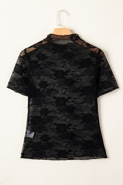 Floral Lace Sheer Mesh Short Sleeve Top